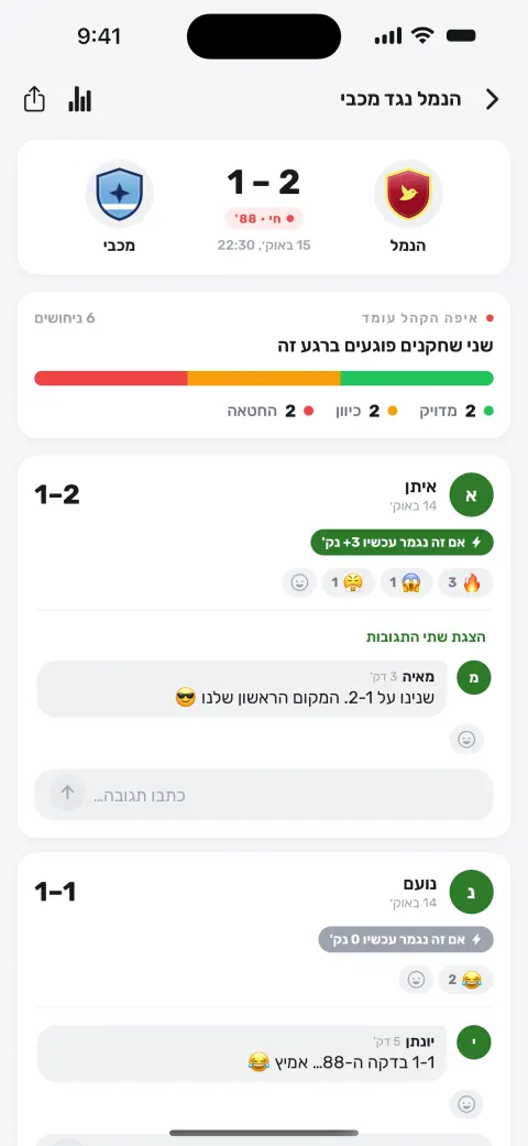 מסך משחק חי באפליקציה: התוצאה, מי מהליגה ניחש נכון ותגובות של חברים