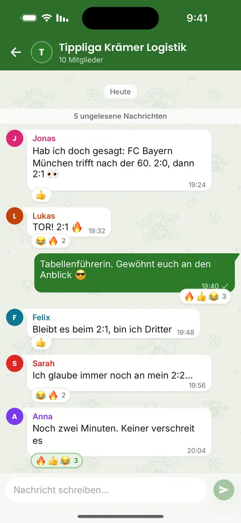 Der Liga-Chat in der App: Nachrichten, Antworten und Emojis zu den Tipps und zum Ergebnis