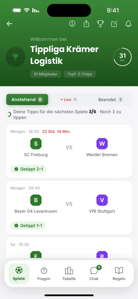Der Tipp-Bildschirm in der App: die Spiele der Woche, jedes markiert, sobald der Tipp abgegeben ist
