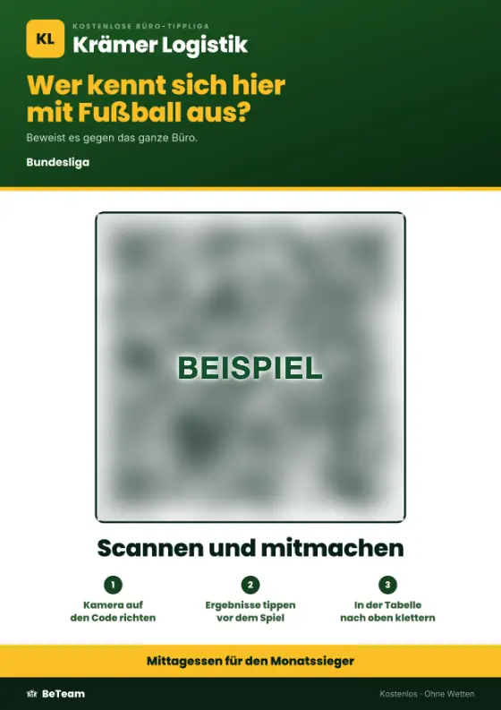 Das Küchenplakat: das Büro-Tippspiel, ein QR-Code zum Mitmachen in drei Schritten und unten der Preis