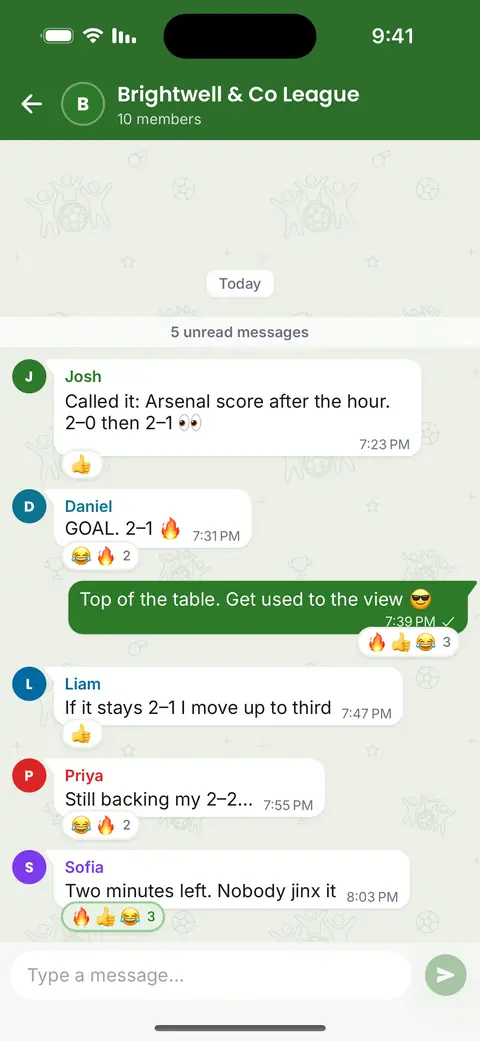 The league chat in the app: messages, replies and emoji about the picks and the result