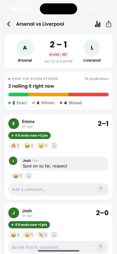 A live match screen in the app: the score, who in the league called it, and colleagues' reactions