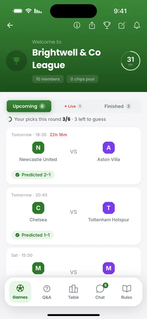 The predictions screen in the app: this week's matches, each marked once the pick is in