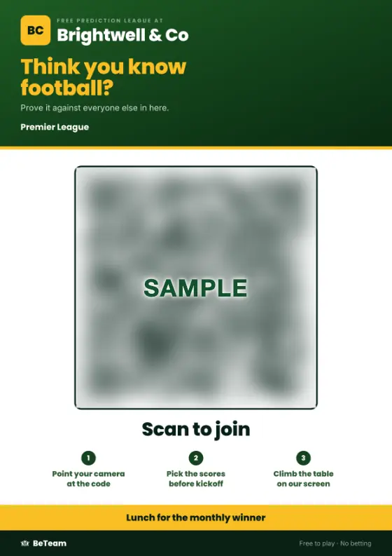 The kitchen poster: the office prediction league, a QR code to join in three steps, and the prize at the bottom