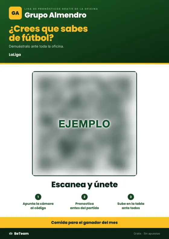 El póster para la cocina: la liga de pronósticos de la oficina, un código QR para unirse en tres pasos y el premio abajo