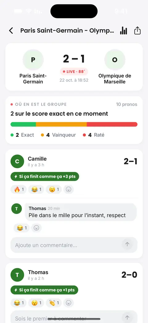 Un écran de match en direct dans l'appli : le score, qui l'avait pronostiqué dans la ligue, et les réactions des collègues