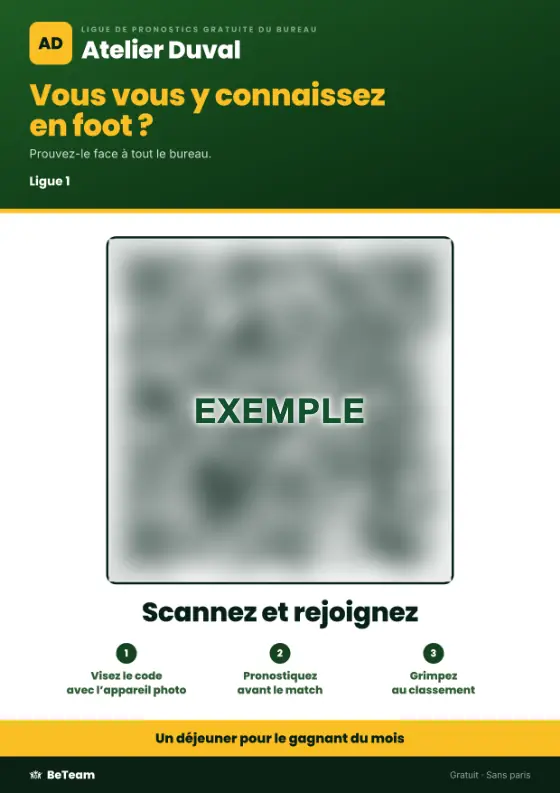 L'affiche de la cafétéria : la ligue de pronostics du bureau, un QR code pour rejoindre en trois étapes, et le lot en bas