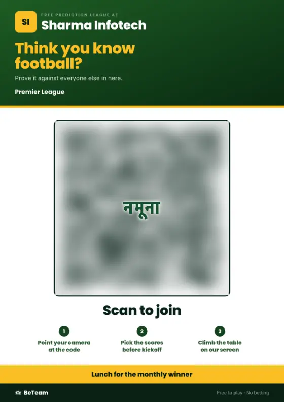 पैंट्री का पोस्टर: ऑफ़िस प्रेडिक्शन लीग, तीन स्टेप में जुड़ने के लिए QR कोड, और नीचे इनाम