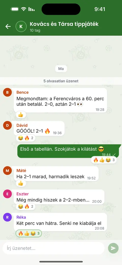 A játék chatje az appban: üzenetek, válaszok és emojik a tippekről és az eredményről