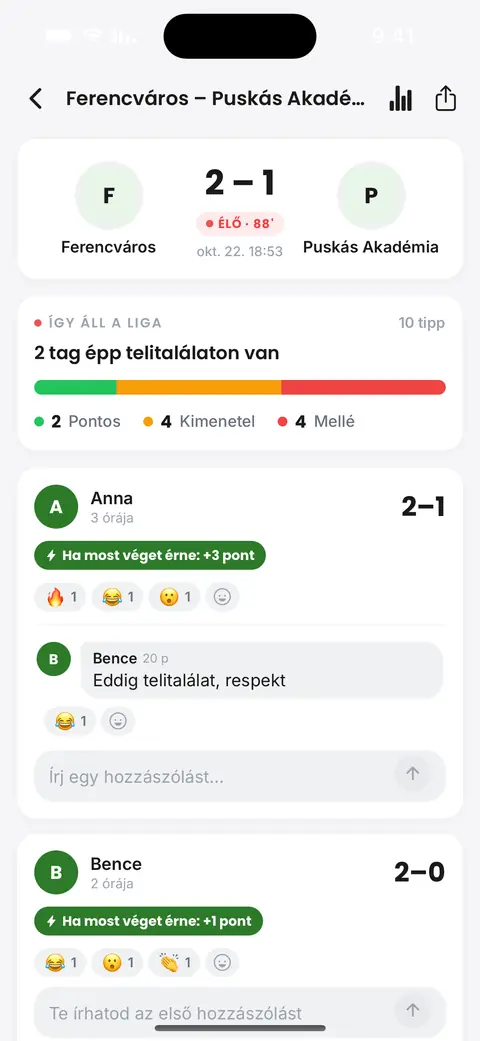 Élő meccs képernyője az appban: az eredmény, ki találta el a ligában, és a kollégák reakciói