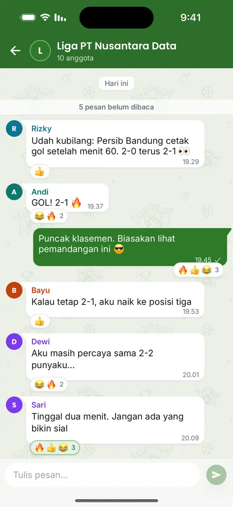 Chat liga di aplikasi: pesan, balasan, dan emoji soal tebakan dan hasil