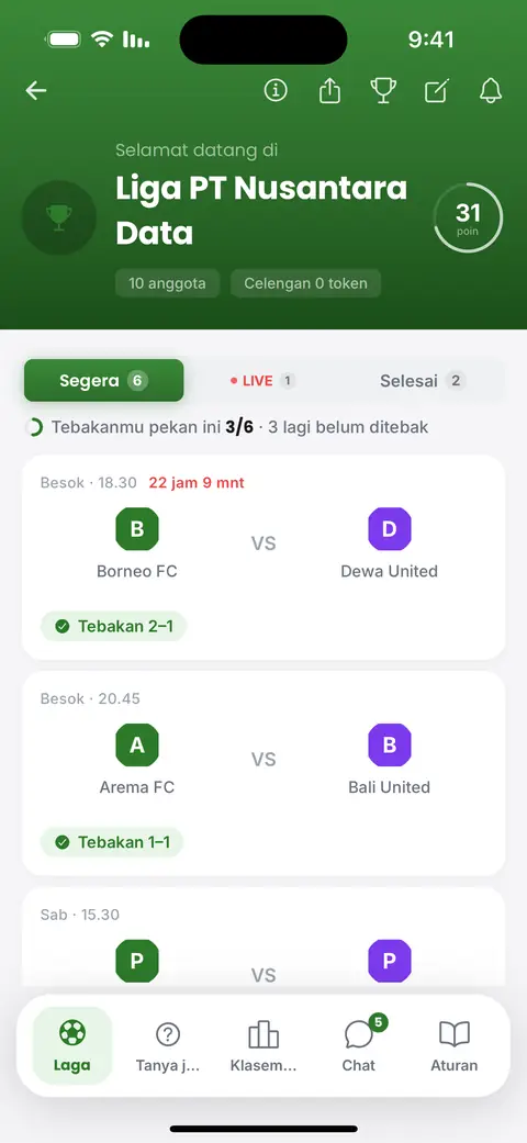 Layar tebakan di aplikasi: pertandingan minggu ini, masing-masing ditandai begitu tebakan masuk