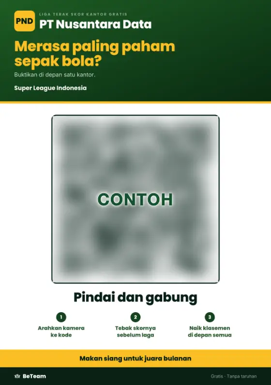 Poster pantry: liga tebak skor kantor, kode QR untuk bergabung dalam tiga langkah, dan hadiah di bagian bawah
