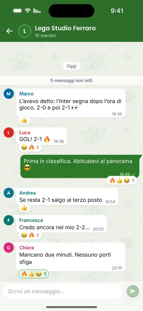 La chat della lega nell'app: messaggi, risposte ed emoji sui pronostici e sul risultato