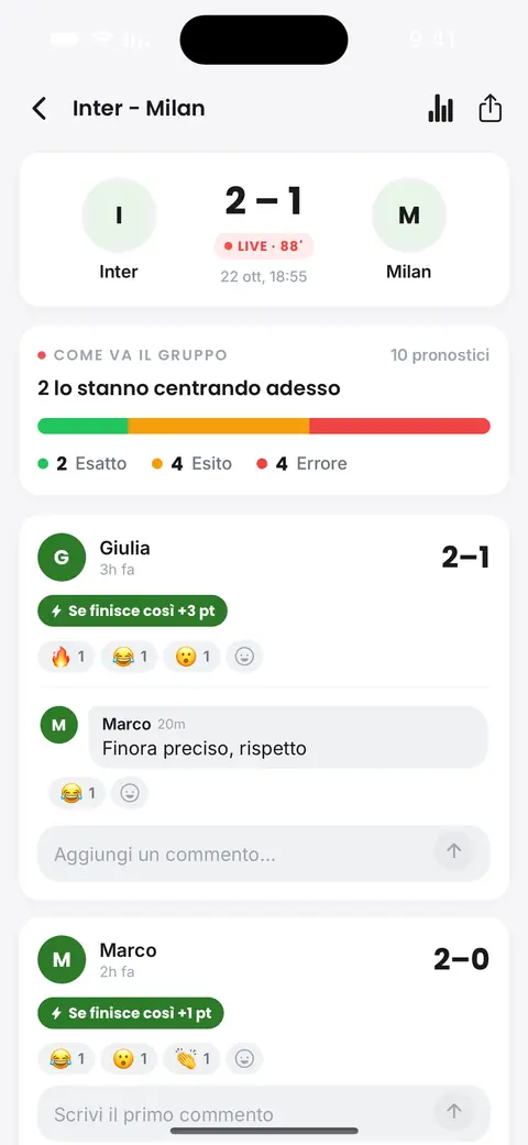 Una schermata di partita live nell'app: il risultato, chi nella lega ci ha preso e le reazioni dei colleghi