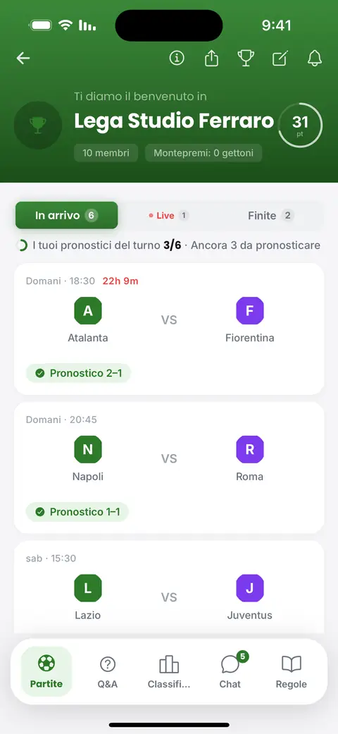 La schermata dei pronostici nell'app: le partite della settimana, ognuna segnata quando il pronostico è fatto