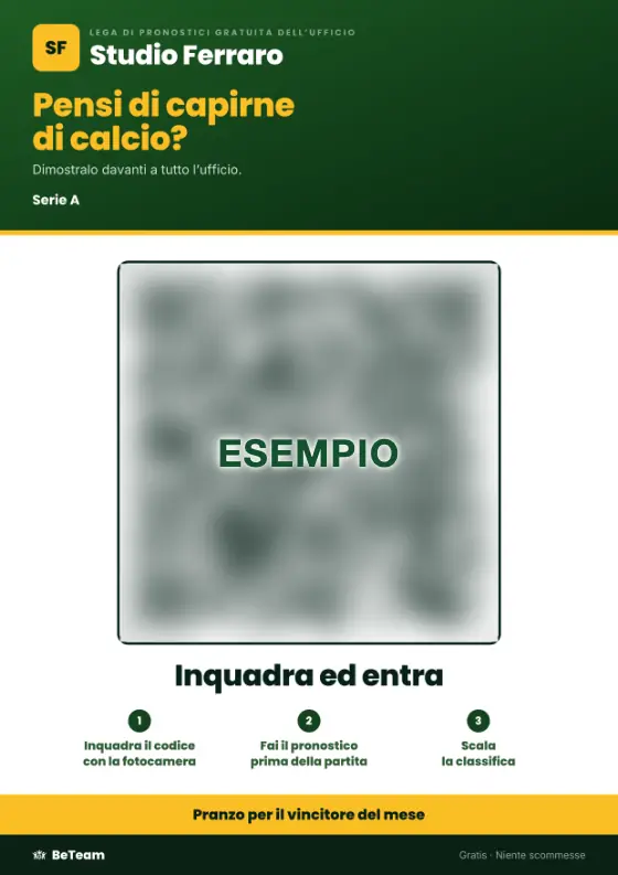 Il poster per l'area caffè: la lega di pronostici dell'ufficio, un codice QR per entrare in tre passaggi e il premio in fondo
