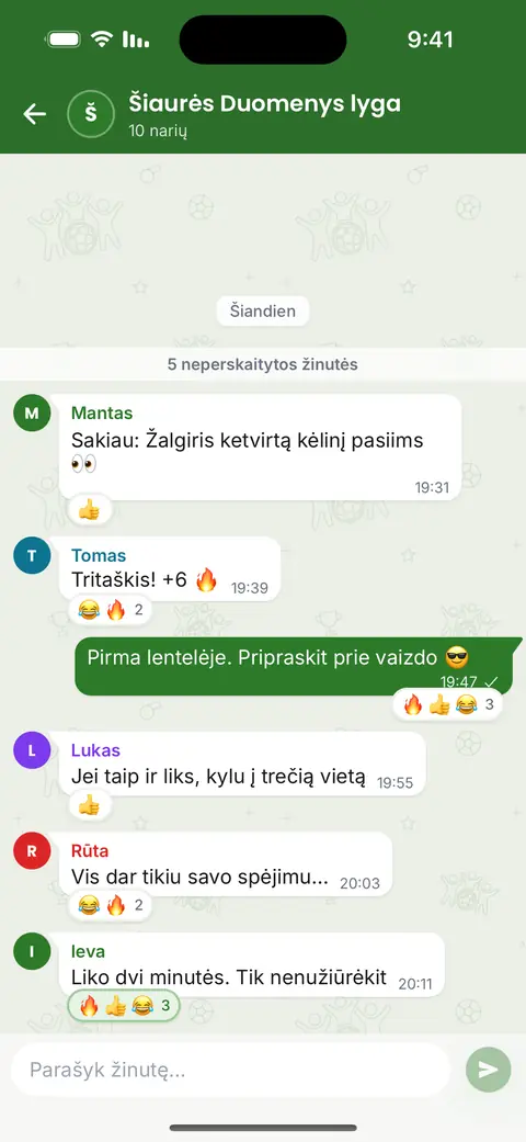 Lygos pokalbis programėlėje: žinutės, atsakymai ir jaustukai apie spėjimus ir rezultatą