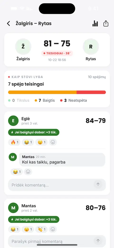 Tiesioginių rungtynių ekranas programėlėje: rezultatas, kas lygoje jį atspėjo, ir kolegų reakcijos