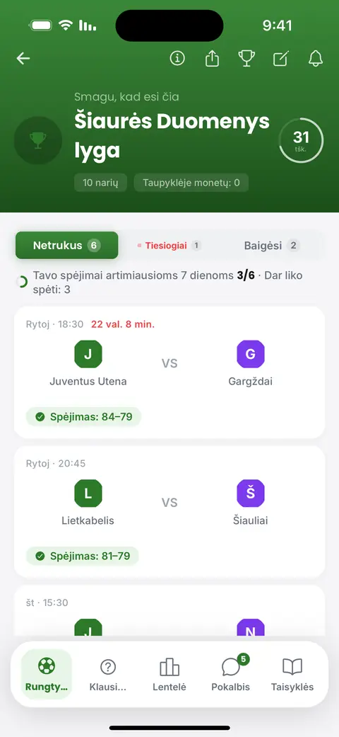 Spėjimų ekranas programėlėje: šios savaitės rungtynės, kiekvienos pažymėtos, kai spėjimas atliktas