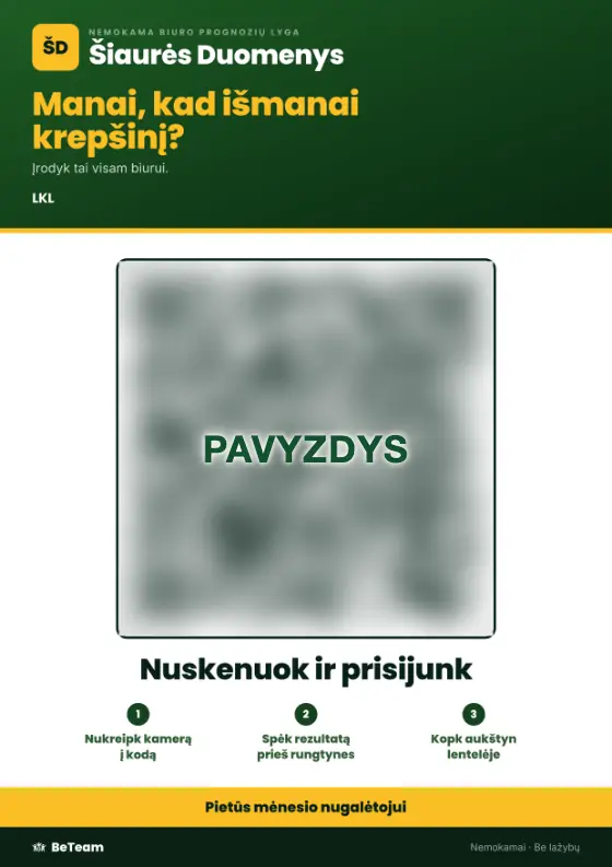 Virtuvės plakatas: biuro prognozių lyga, QR kodas prisijungti trimis žingsniais ir prizas apačioje