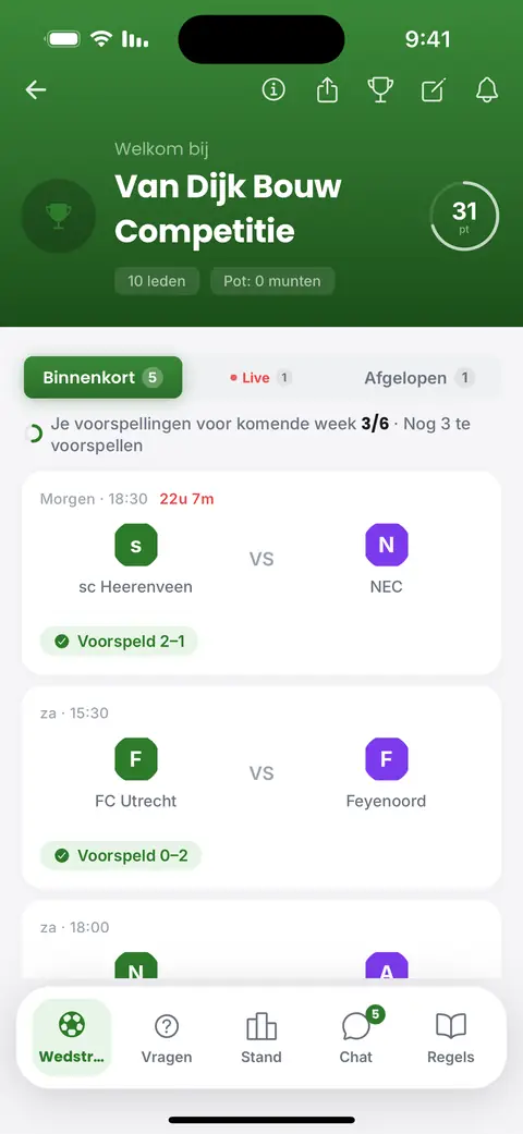 Het voorspellingsscherm in de app: de wedstrijden van deze week, elk gemarkeerd zodra de voorspelling is ingevuld