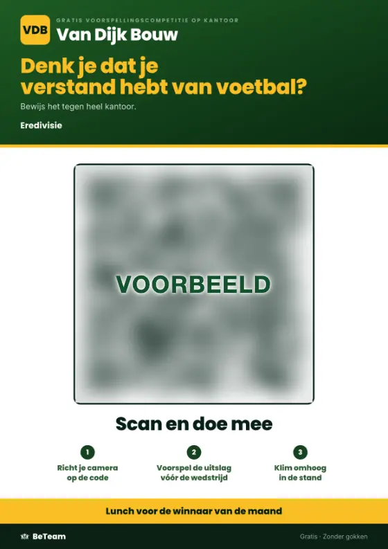 De poster voor de pantry: de voorspelcompetitie van kantoor, een QR-code om in drie stappen mee te doen, en onderaan de prijs