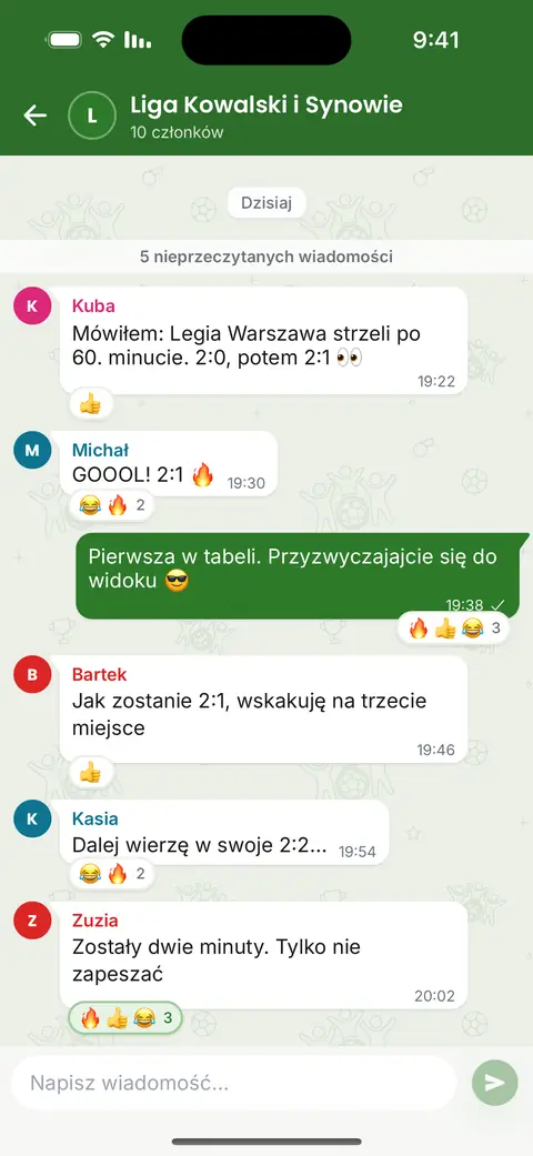 Czat ligi w aplikacji: koledzy reagują na typy i wynik meczu