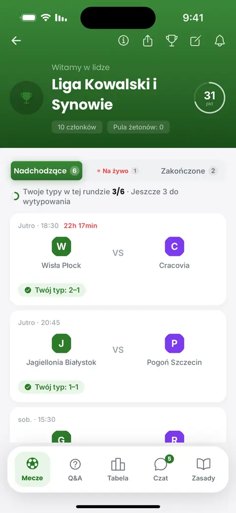 Ekran typowania w aplikacji: mecze z tego tygodnia, przy każdym znacznik, że typ został wysłany