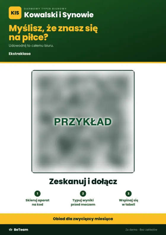 Plakat do kuchni: biurowa liga typerska, kod QR do dołączenia w trzech krokach i nagroda na dole