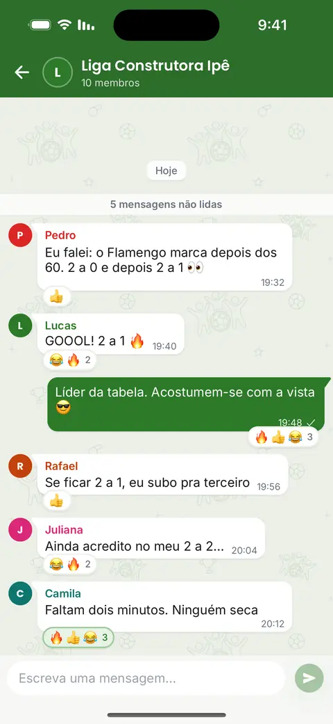 O chat da liga no app: mensagens, respostas e emojis sobre os palpites e o resultado