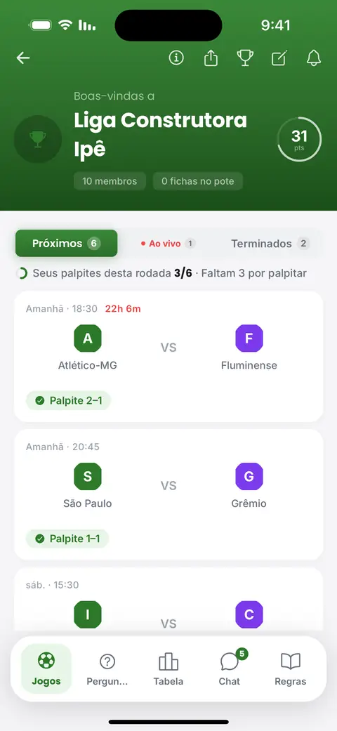 A tela de palpites no app: os jogos desta semana, cada um marcado quando o palpite já foi dado
