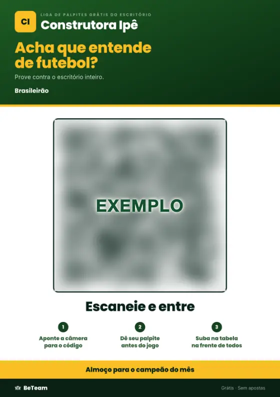 O pôster da copa: a liga de palpites do escritório, um QR code para entrar em três passos e o prêmio embaixo