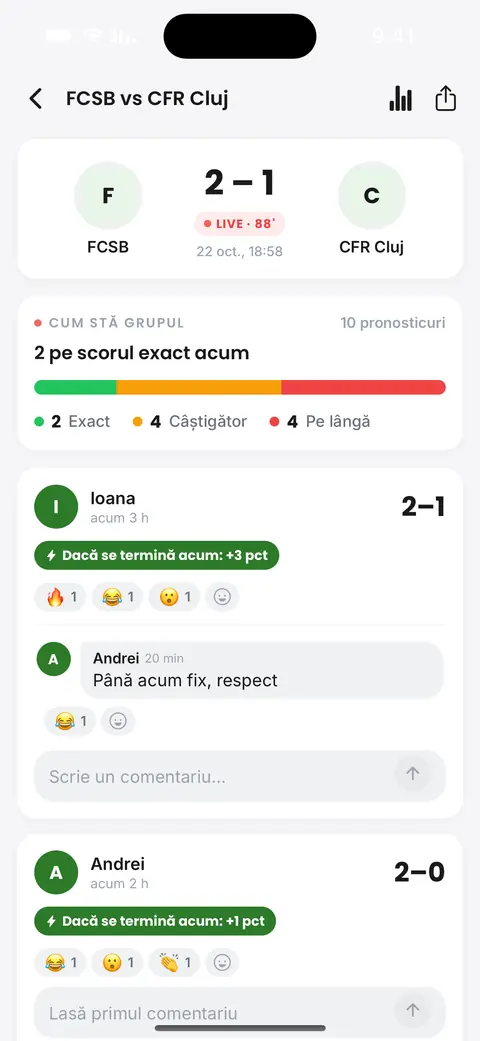 Ecranul unui meci live în aplicație: scorul, cine din ligă l-a ghicit și reacțiile colegilor