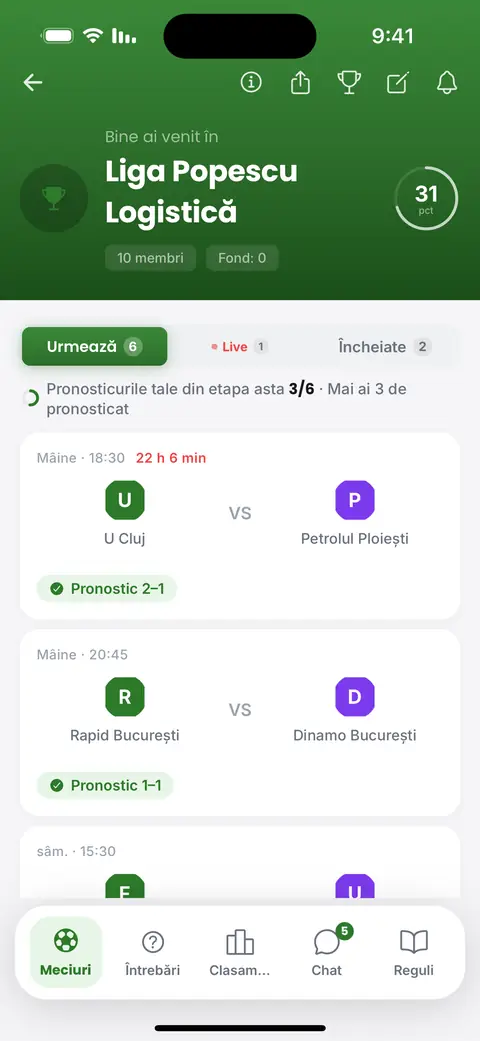 Ecranul de pronosticuri din aplicație: meciurile săptămânii, fiecare bifat după ce s-a dat pronosticul