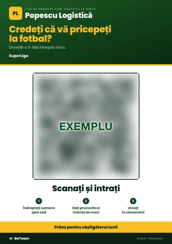 Afișul din bucătărie: liga de pronosticuri a biroului, un cod QR pentru înscriere în trei pași și premiul în partea de jos