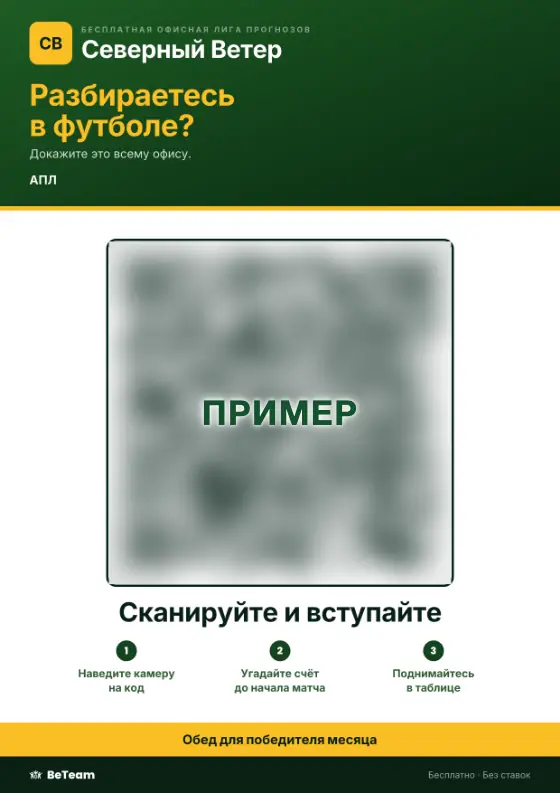 Плакат для кухни: офисная лига прогнозов, QR-код для входа в три шага и приз внизу