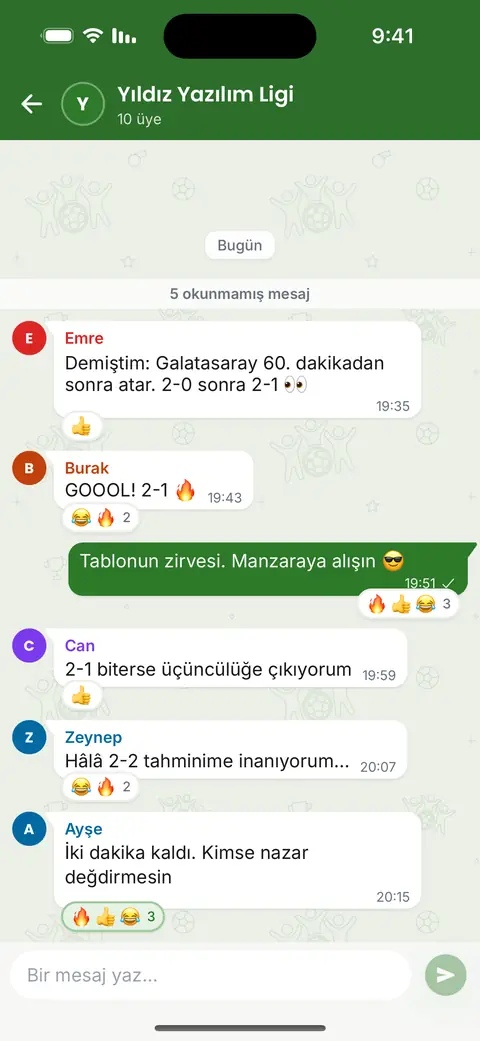 Uygulamadaki lig sohbeti: tahminler ve sonuç hakkında mesajlar, yanıtlar ve emojiler