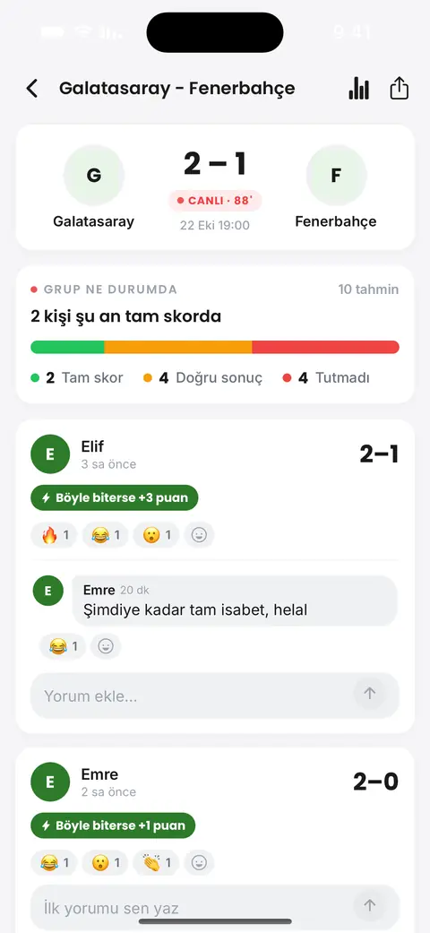 Uygulamada canlı maç ekranı: skor, ligde kimin doğru bildiği ve çalışma arkadaşlarının tepkileri
