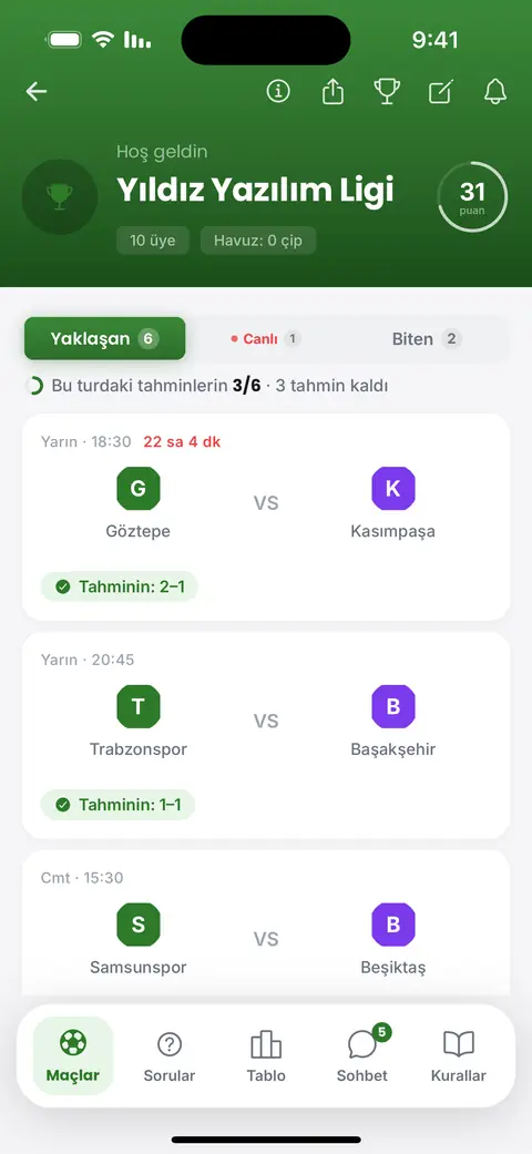 Uygulamadaki tahmin ekranı: haftanın maçları, tahmini gönderilen her maçın yanında bir işaret