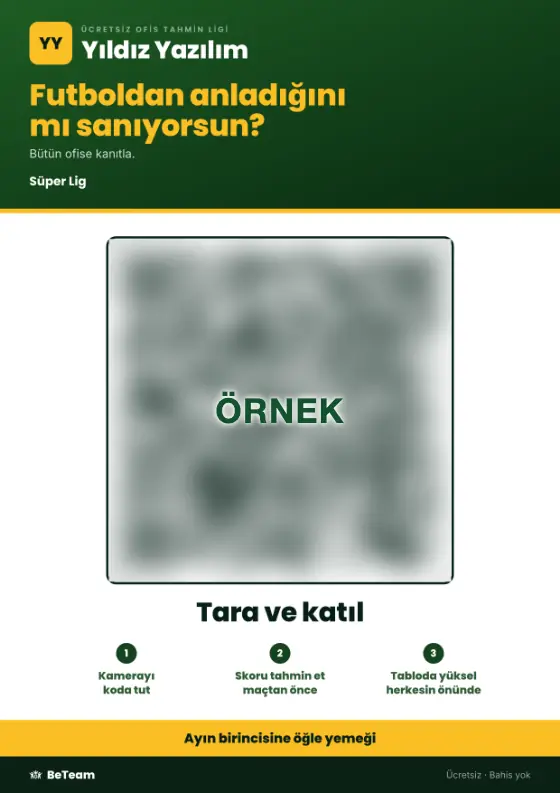 Mutfak afişi: ofis tahmin ligi, üç adımda katılmak için QR kod ve en altta ödül