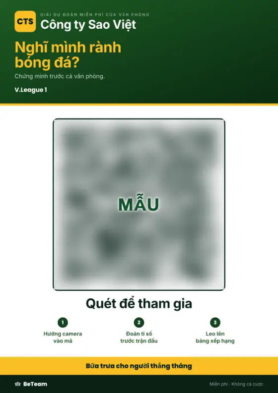 Poster pantry: giải dự đoán tỉ số văn phòng, mã QR để tham gia trong ba bước, và phần thưởng ở cuối