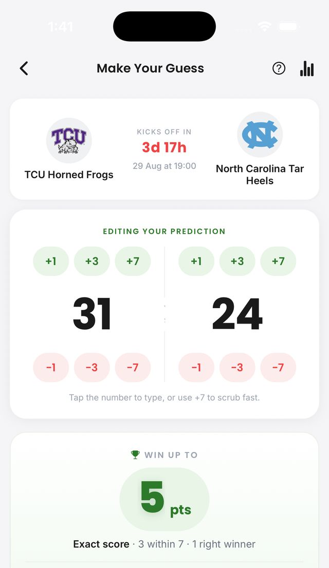 College football guess screen — TCU Horned Frogs vs North Carolina Tar Heels, predicting 31-24