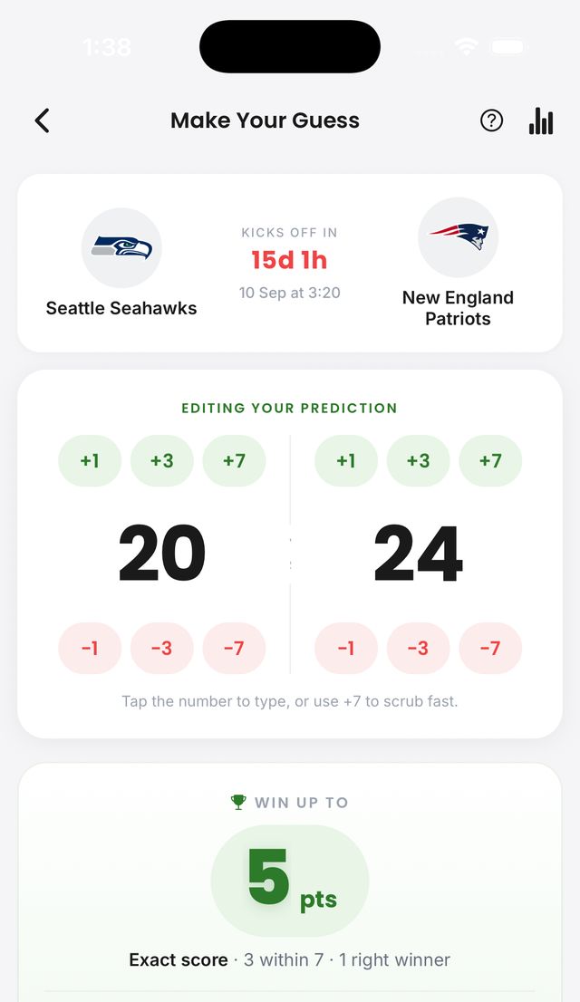 BeTeam NFL guess screen — Seahawks vs Patriots with a 20-24 score prediction