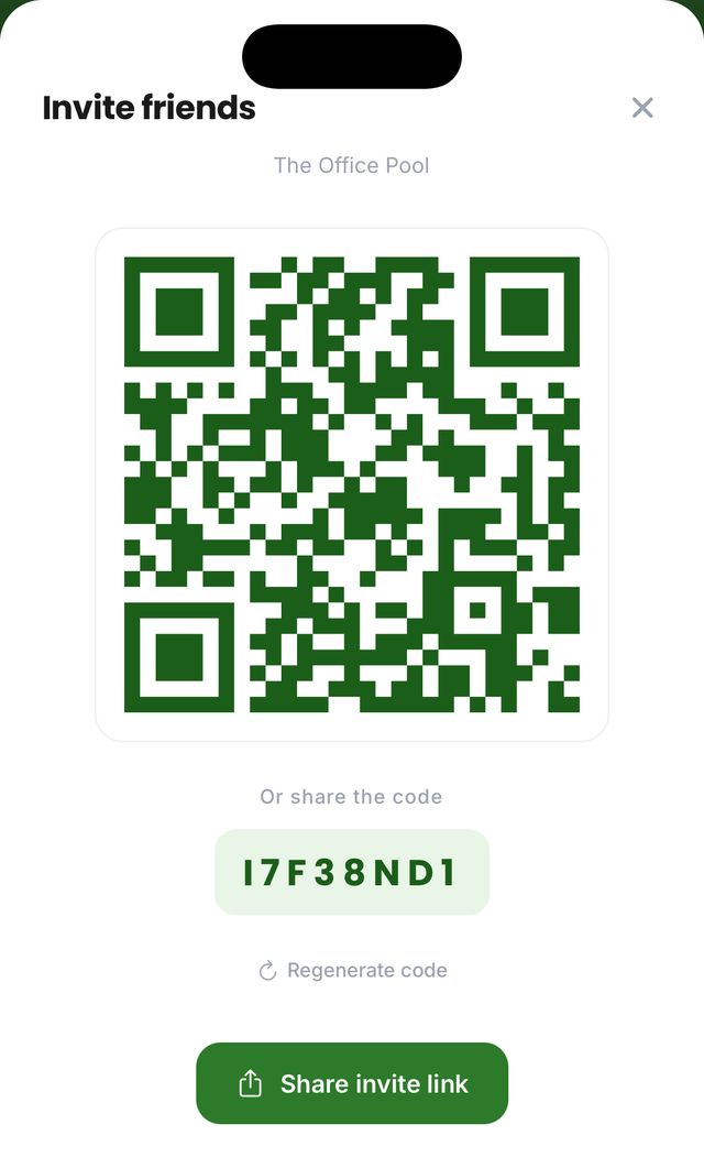 Invite screen — a QR code and a share code bring the office into the pool